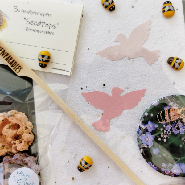 Seedgirls-Bienefreundliche Produkte zum worldbeeday2023. Samenkarte, SeedPops, Pflanzstecker, Kühlschrankmagnet und Mini-Bienen.